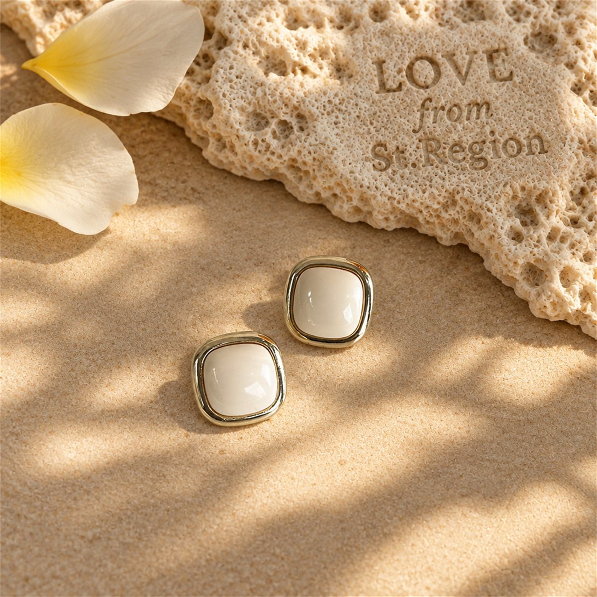 Beige Resin and 18K Gold-Plated Square Stud Earrings, gold stud earrings for women, elegant gift for her, lifestyle look