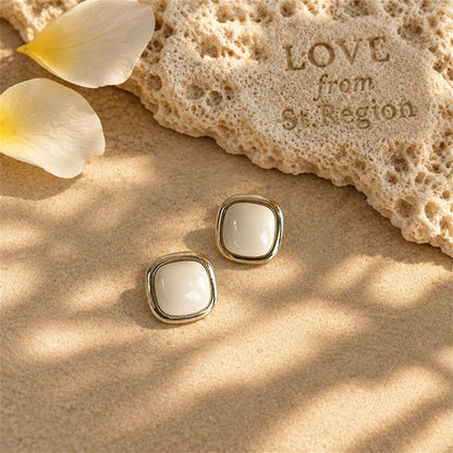 Beige Resin and 18K Gold-Plated Square Stud Earrings, gold stud earrings for women, elegant gift for her, lifestyle look
