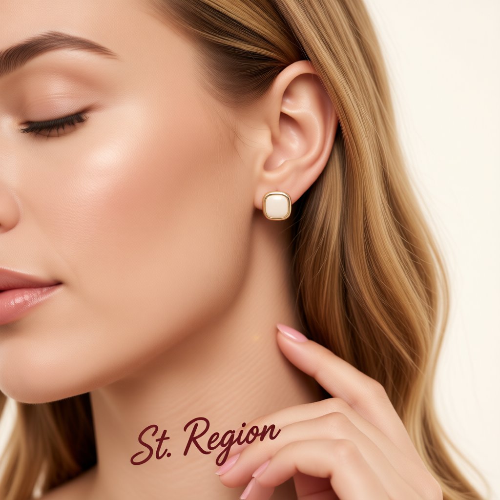 Beige Resin and 18K Gold-Plated Square Stud Earrings, gold stud earrings for women, elegant gift for her, styled look