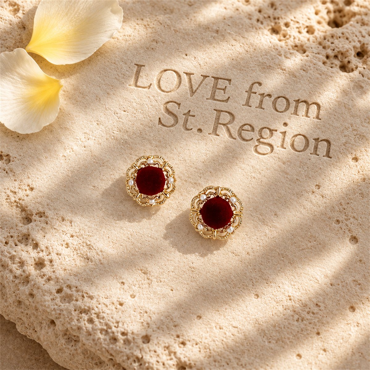 Pearl and Red Flocking 18K Gold-Plated Floral Stud Earrings, gold stud earrings for women, botanical inspired, lifestyle look