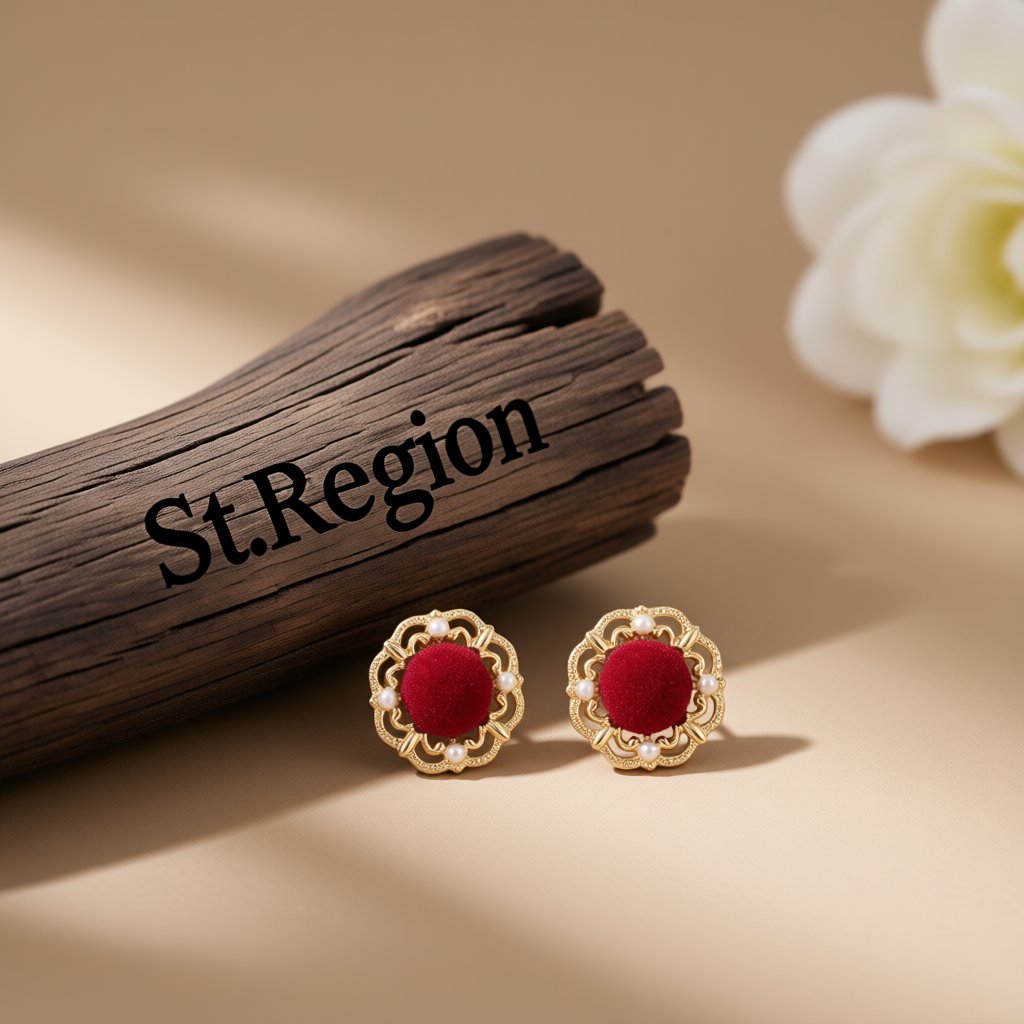 Pearl and Red Flocking 18K Gold-Plated Floral Stud Earrings, gold stud earrings for women, botanical inspired, front view