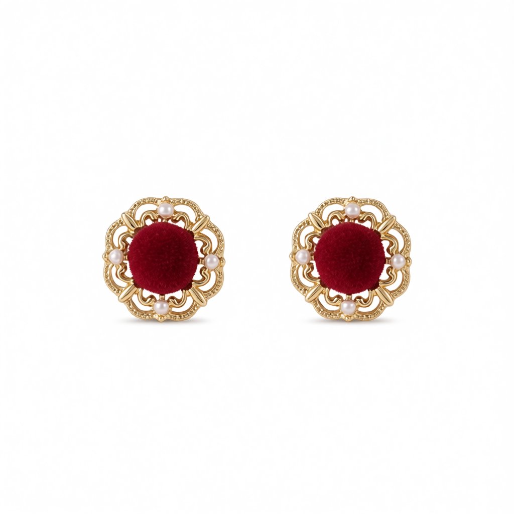 Pearl and Red Flocking 18K Gold-Plated Floral Stud Earrings, gold stud earrings for women, botanical inspired, side view
