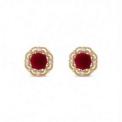 Pearl and Red Flocking 18K Gold-Plated Floral Stud Earrings, gold stud earrings for women, botanical inspired, side view