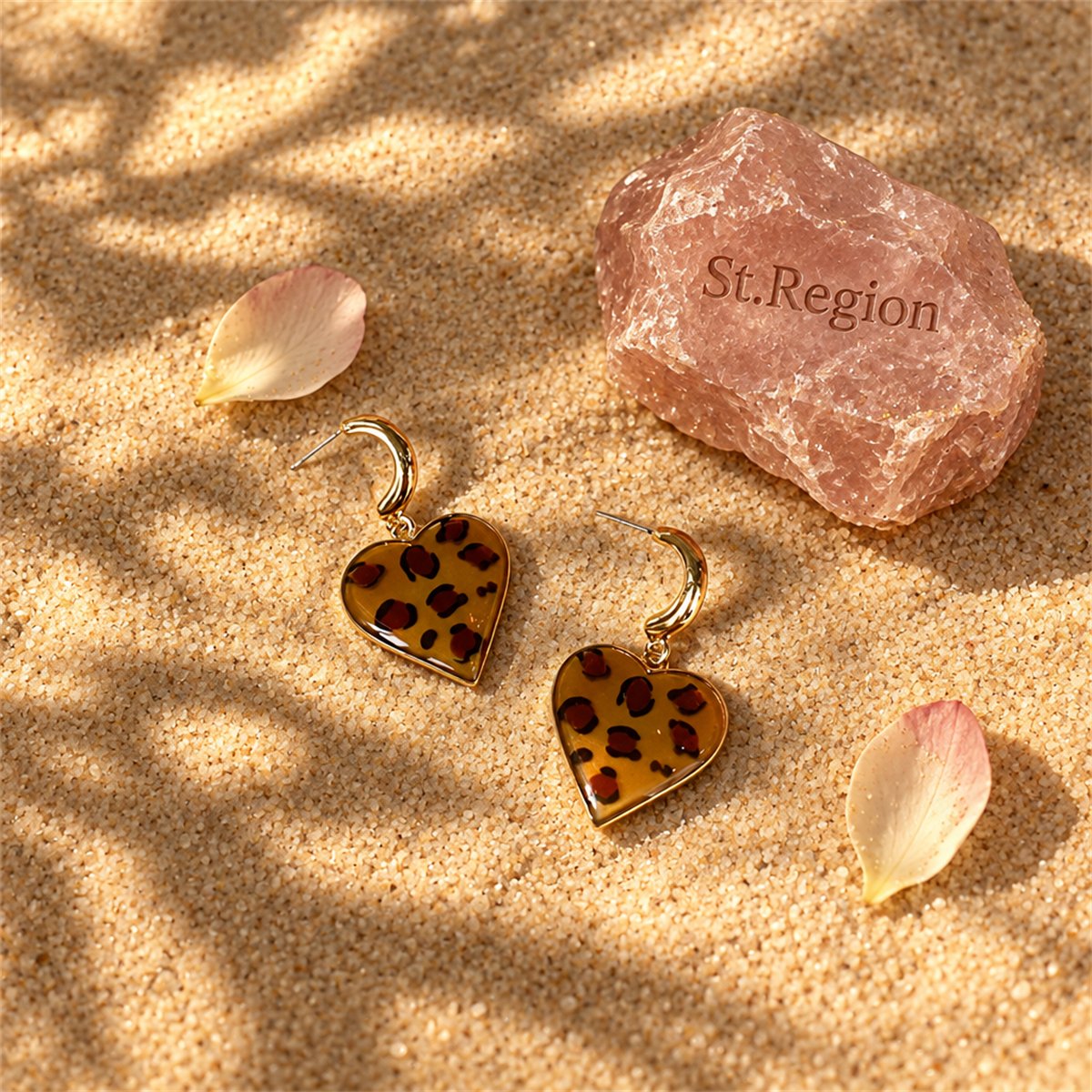Coffee Enamel and 18K Gold-Plated Leopard Heart Drop Earrings, gold drop earrings for women, detail close-up