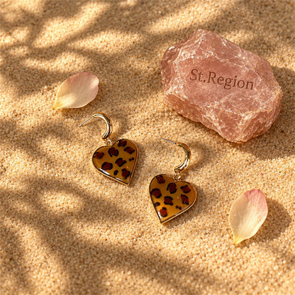 Coffee Enamel and 18K Gold-Plated Leopard Heart Drop Earrings, gold drop earrings for women, detail close-up