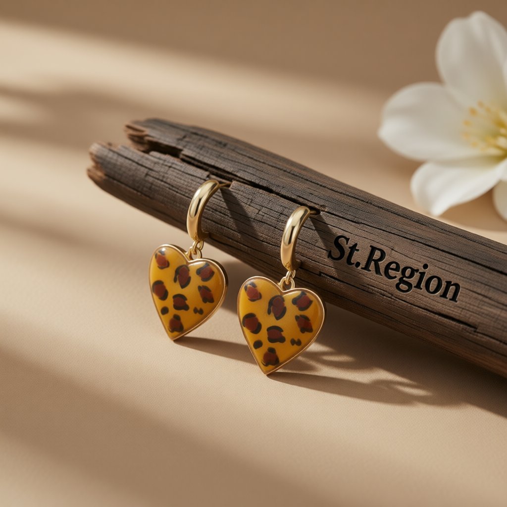 Coffee Enamel and 18K Gold-Plated Leopard Heart Drop Earrings, gold drop earrings for women, elegant gift for her, front view
