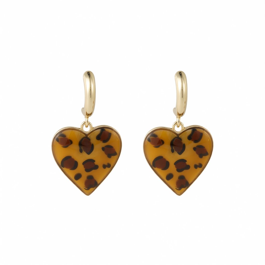 Coffee Enamel and 18K Gold-Plated Leopard Heart Drop Earrings, gold drop earrings for women, elegant gift for her, side view