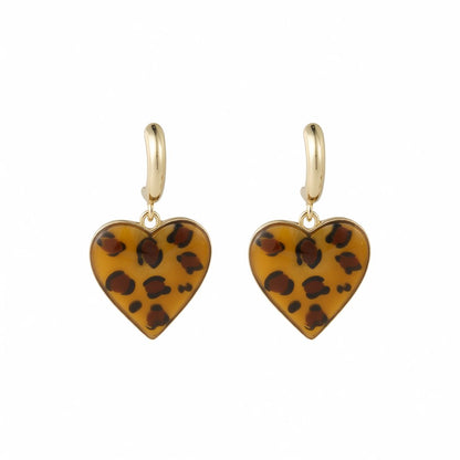 Coffee Enamel and 18K Gold-Plated Leopard Heart Drop Earrings, gold drop earrings for women, elegant gift for her, side view