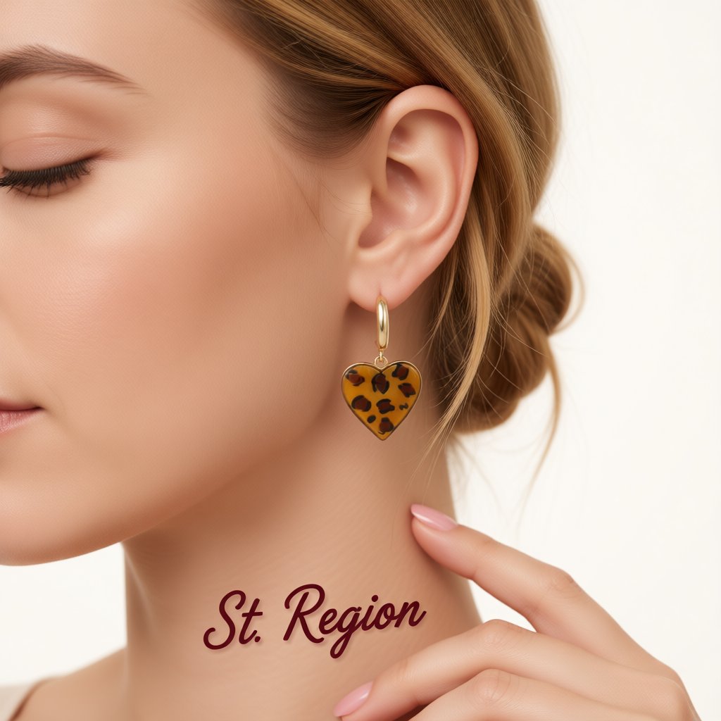 Coffee Enamel and 18K Gold-Plated Leopard Heart Drop Earrings, gold drop earrings for women, styled look