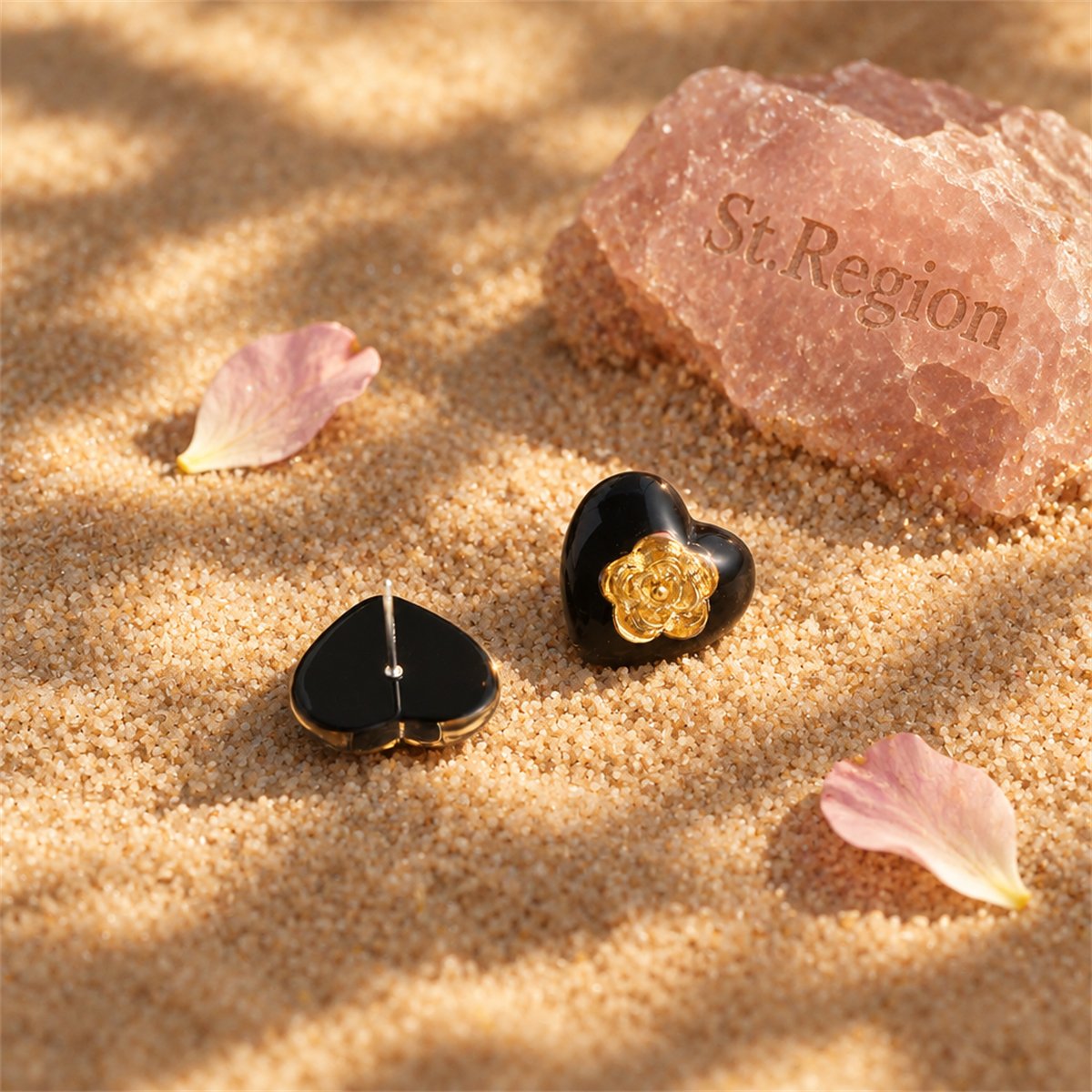 Black Resin and 18K Gold-Plated Flower Heart Stud Earrings, gold stud earrings for women, botanical inspired, detail close-up