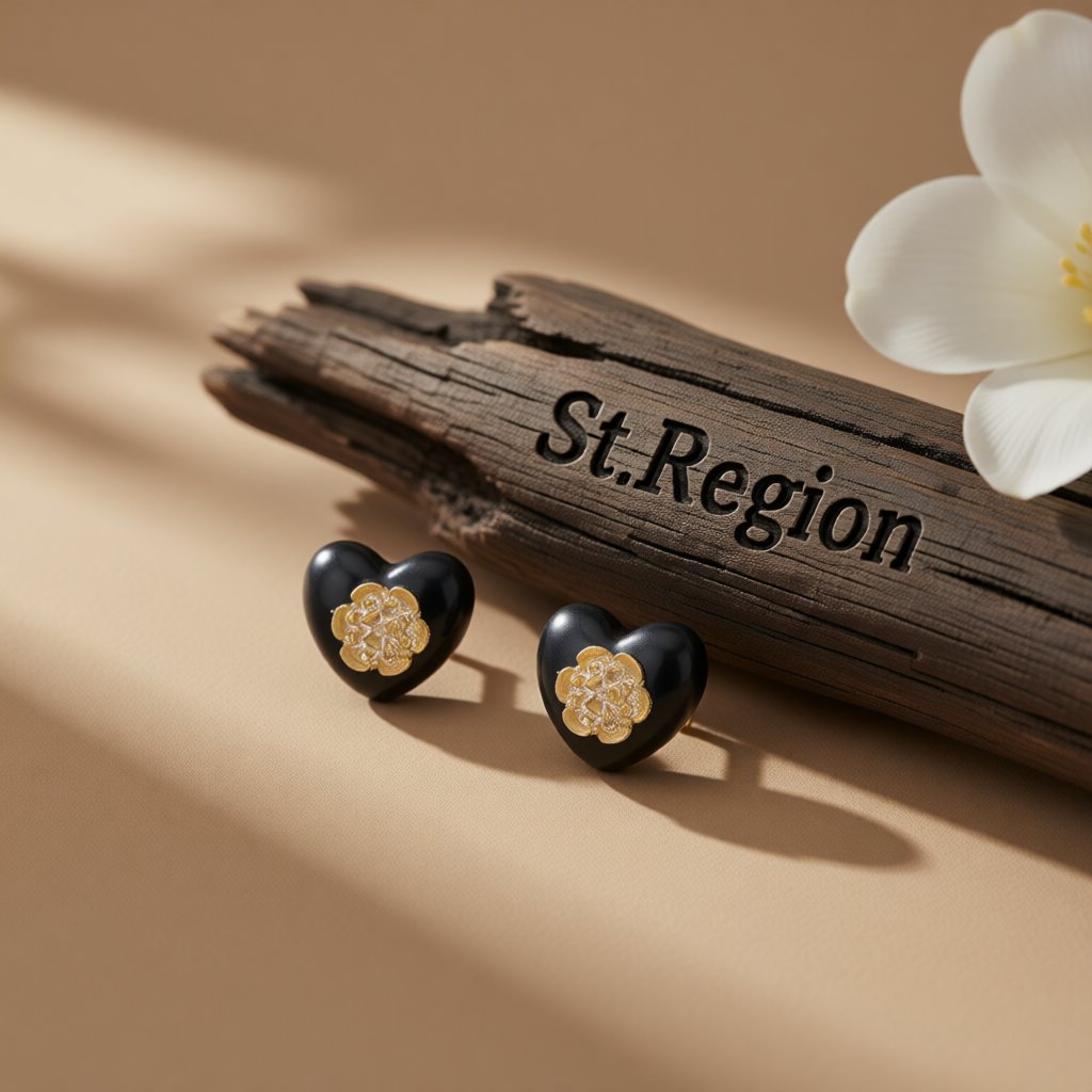 Black Resin and 18K Gold-Plated Flower Heart Stud Earrings, gold stud earrings for women, botanical inspired, front view