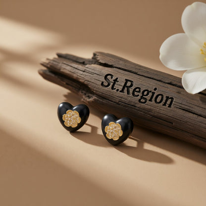 Black Resin and 18K Gold-Plated Flower Heart Stud Earrings, gold stud earrings for women, botanical inspired, front view