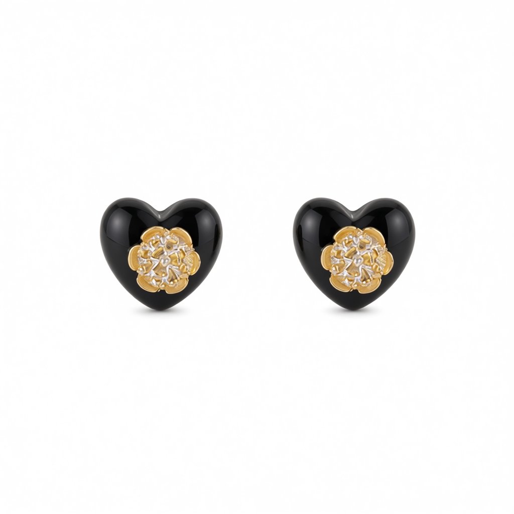 Black Resin and 18K Gold-Plated Flower Heart Stud Earrings, gold stud earrings for women, botanical inspired, side view