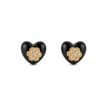 Black Resin and 18K Gold-Plated Flower Heart Stud Earrings, gold stud earrings for women, botanical inspired, side view