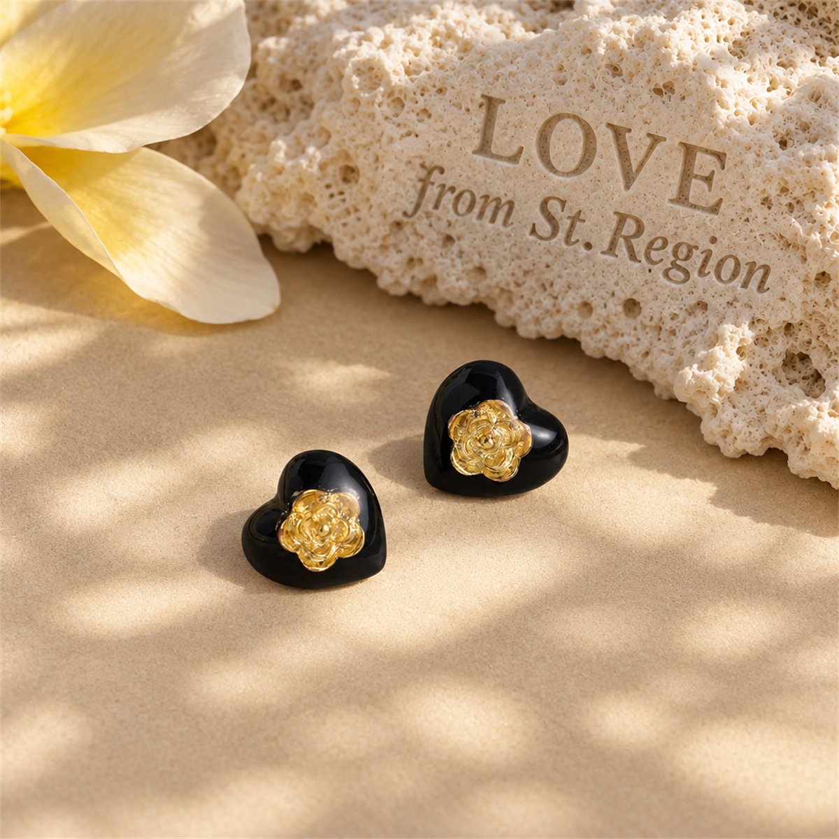 Black Resin and 18K Gold-Plated Flower Heart Stud Earrings, gold stud earrings for women, botanical inspired, lifestyle look