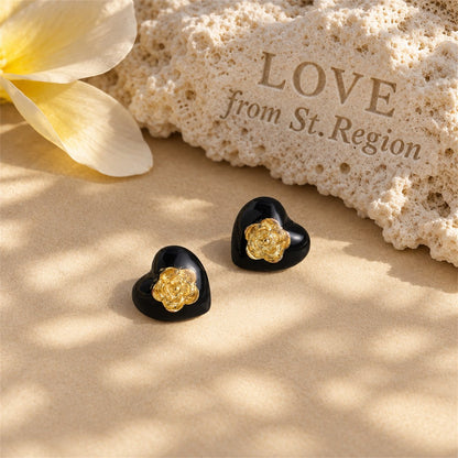 Black Resin and 18K Gold-Plated Flower Heart Stud Earrings, gold stud earrings for women, botanical inspired, lifestyle look