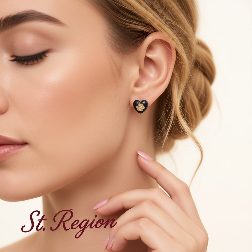 Black Resin and 18K Gold-Plated Flower Heart Stud Earrings, gold stud earrings for women, botanical inspired, styled look