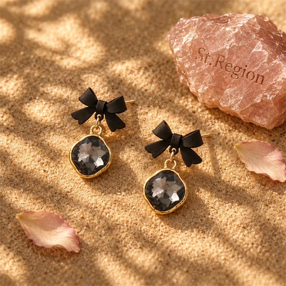 Black Crystal and Enamel 18K Gold-Plated Bow Drop Earrings, gold drop earrings for women, detail close-up