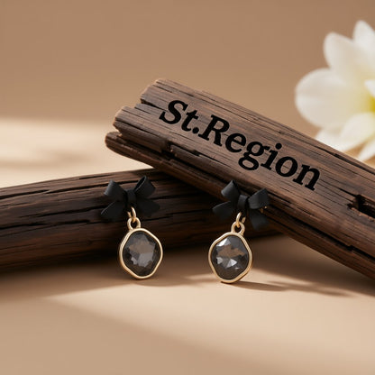 Black Crystal and Enamel 18K Gold-Plated Bow Drop Earrings, gold drop earrings for women, front view