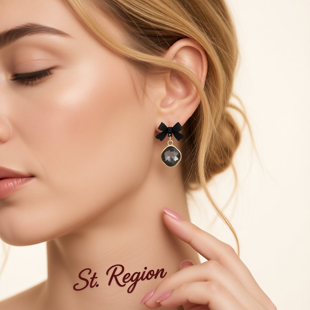 Black Crystal and Enamel 18K Gold-Plated Bow Drop Earrings, gold drop earrings for women, styled look