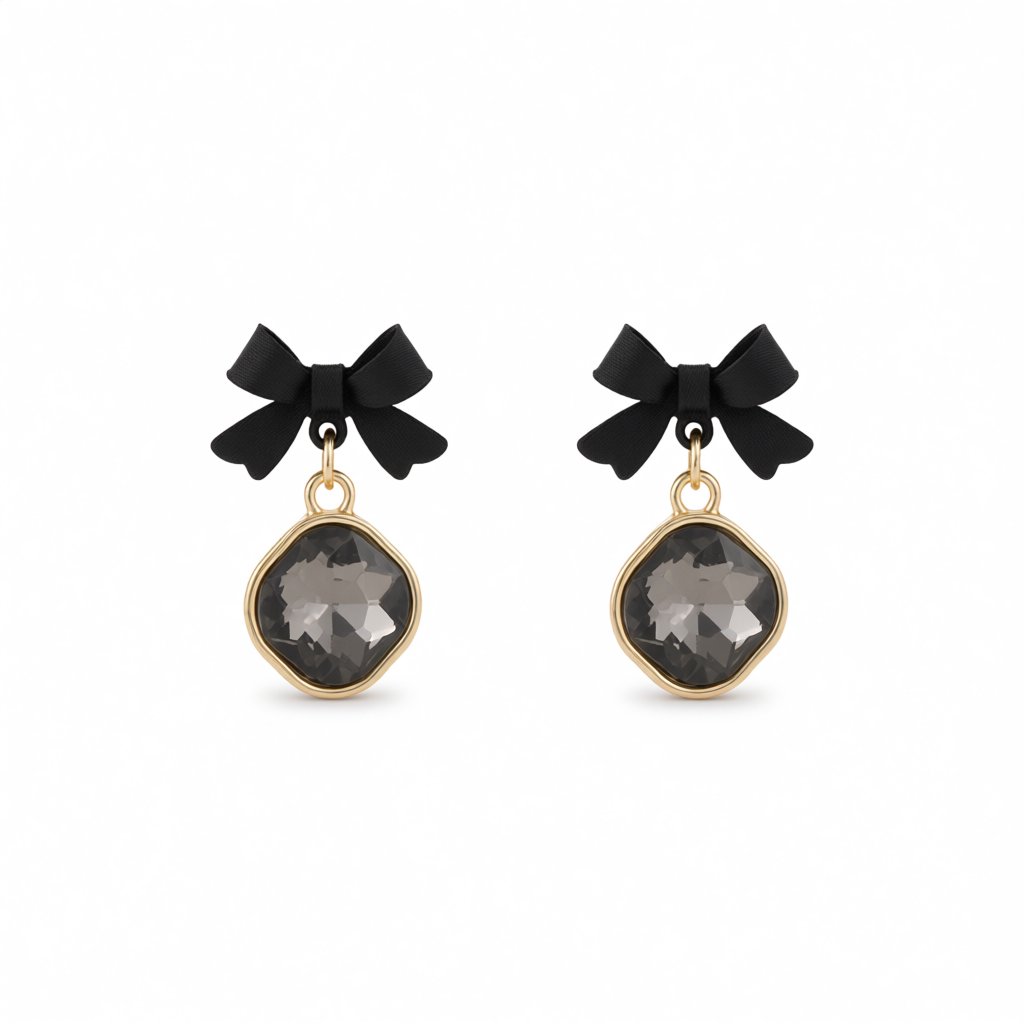 Black Crystal and Enamel 18K Gold-Plated Bow Drop Earrings, gold drop earrings for women, dainty minimalist design, side view