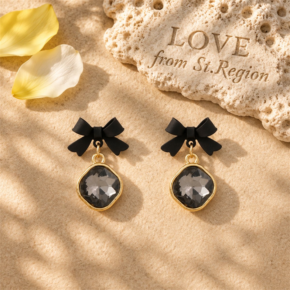 Black Crystal and Enamel 18K Gold-Plated Bow Drop Earrings, gold drop earrings for women, lifestyle look