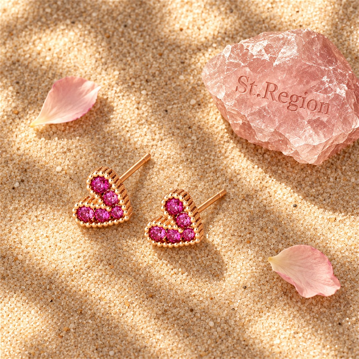 Pink Cubic Zirconia and 18K Gold-Plated Heart Stud Earrings, gold stud earrings for women, detail close-up
