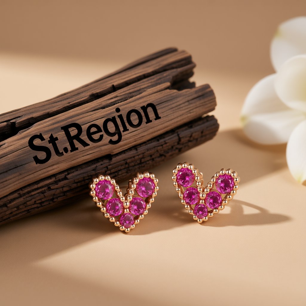 Pink Cubic Zirconia and 18K Gold-Plated Heart Stud Earrings, gold stud earrings for women, elegant gift for her, front view