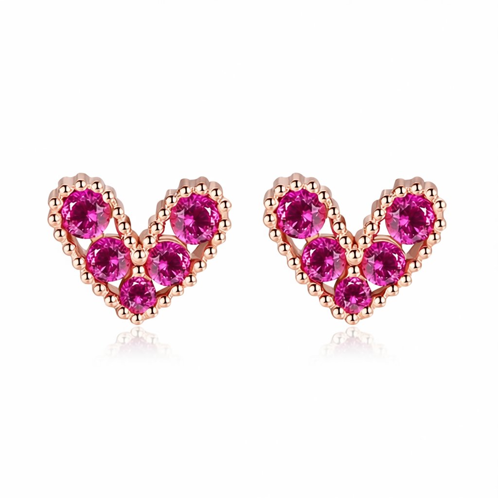 Pink Cubic Zirconia and 18K Gold-Plated Heart Stud Earrings, gold stud earrings for women, elegant gift for her, side view