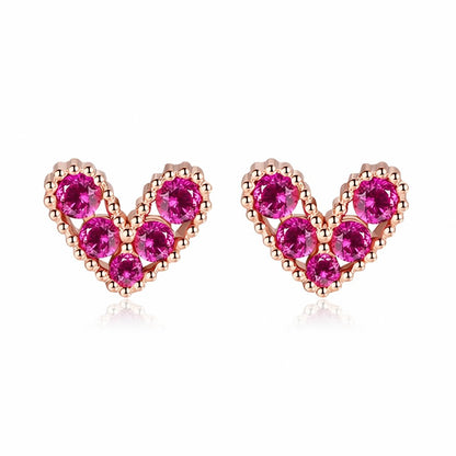 Pink Cubic Zirconia and 18K Gold-Plated Heart Stud Earrings, gold stud earrings for women, elegant gift for her, side view