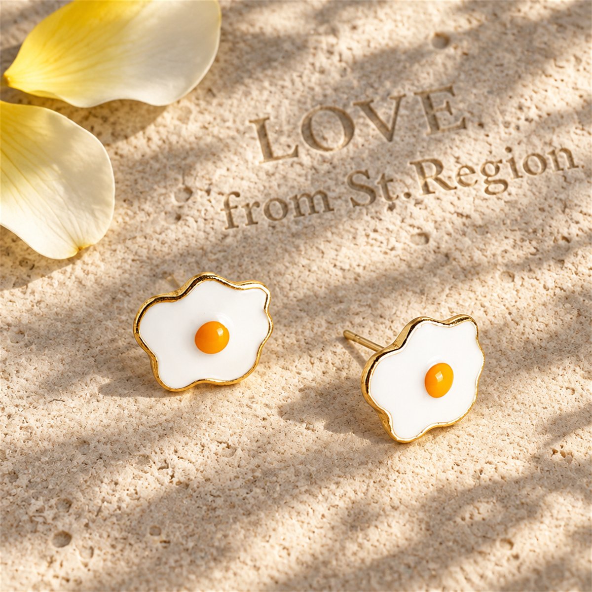 White Enamel and 18K Gold-Plated Poached Eggs Stud Earrings, gold stud earrings for women, everyday style, lifestyle look