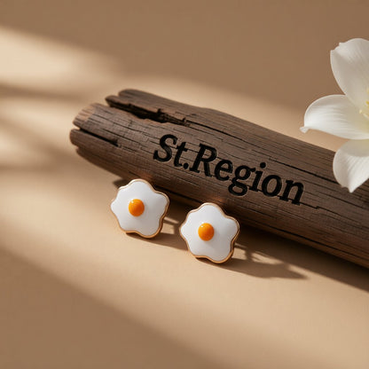 White Enamel and 18K Gold-Plated Poached Eggs Stud Earrings, gold stud earrings for women, everyday style, front view