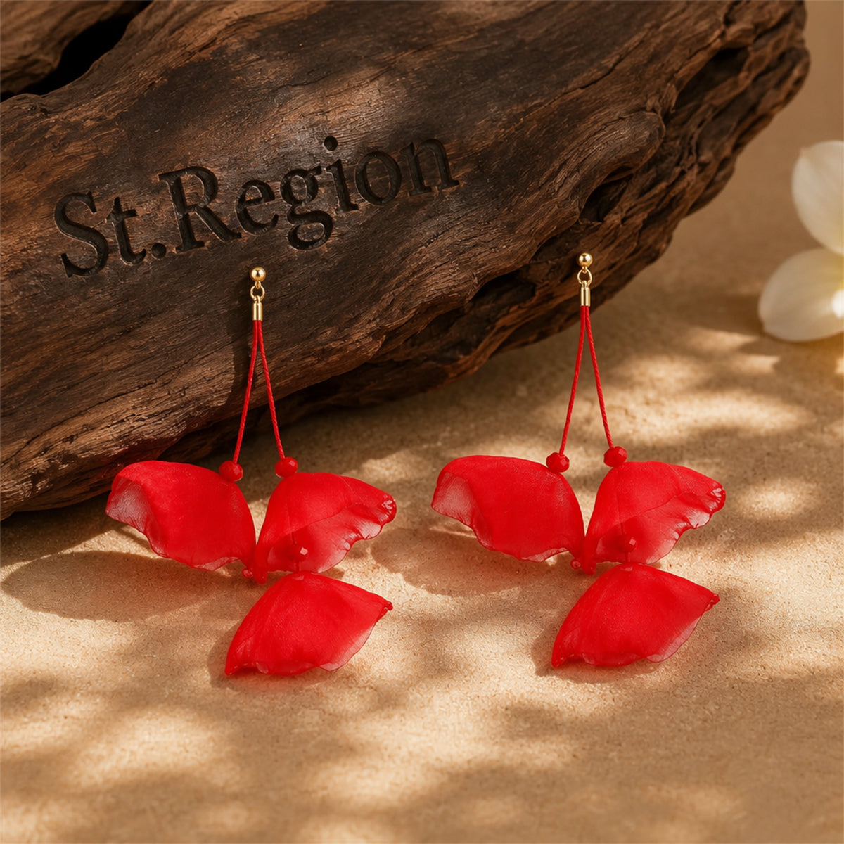 Red Polyster & 18K Gold-Plated Three-Petal Drop Earrings