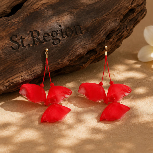Red Polyster & 18K Gold-Plated Three-Petal Drop Earrings