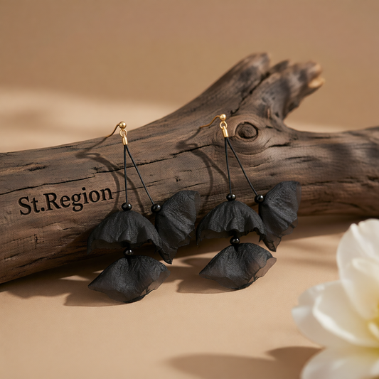 Black Polyster & 18K Gold-Plated Three-Petal Drop Earrings