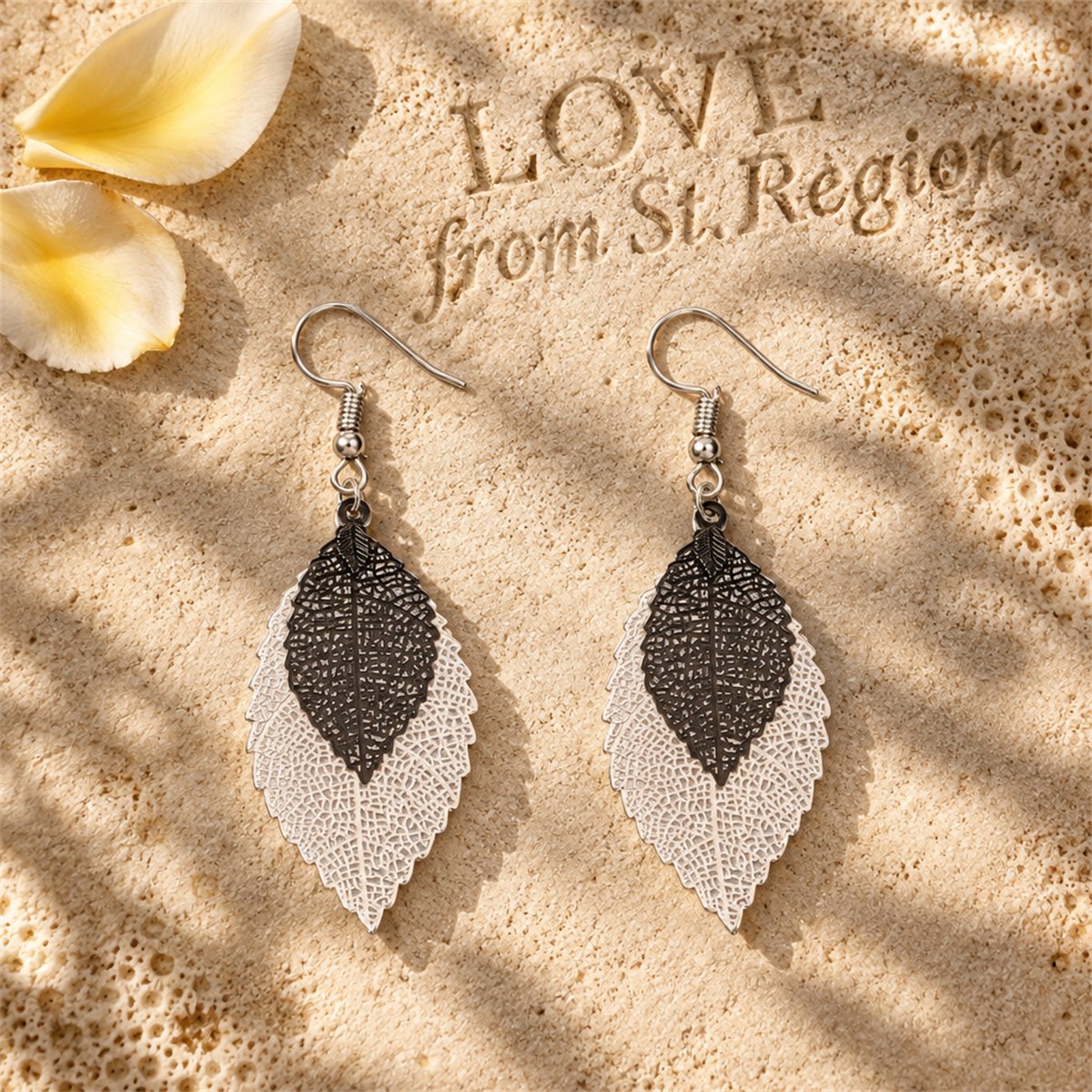 Two-Tone Openwork Leaf Drop Earrings, drop earrings for women, dainty minimalist design, lifestyle look