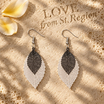 Two-Tone Openwork Leaf Drop Earrings, drop earrings for women, dainty minimalist design, lifestyle look