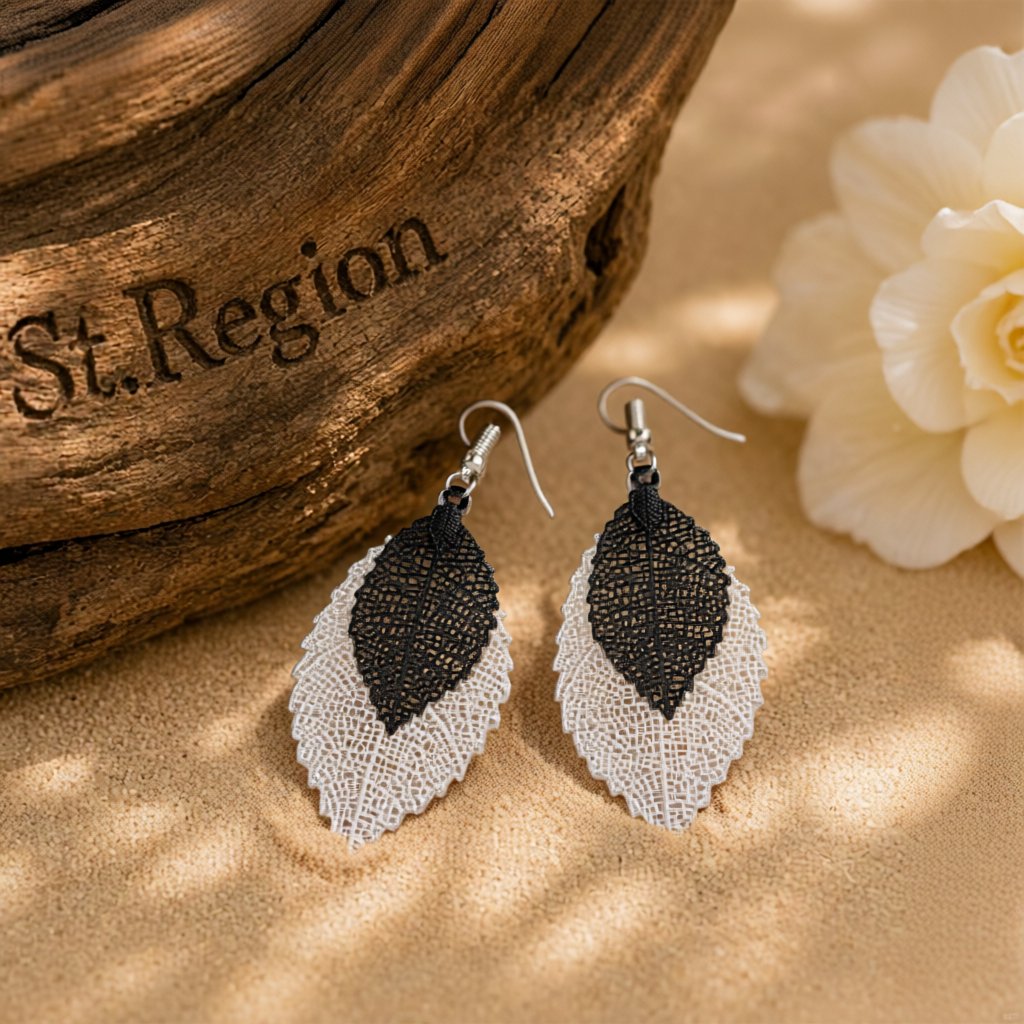 Two-Tone Openwork Leaf Drop Earrings, drop earrings for women, dainty minimalist design, front view