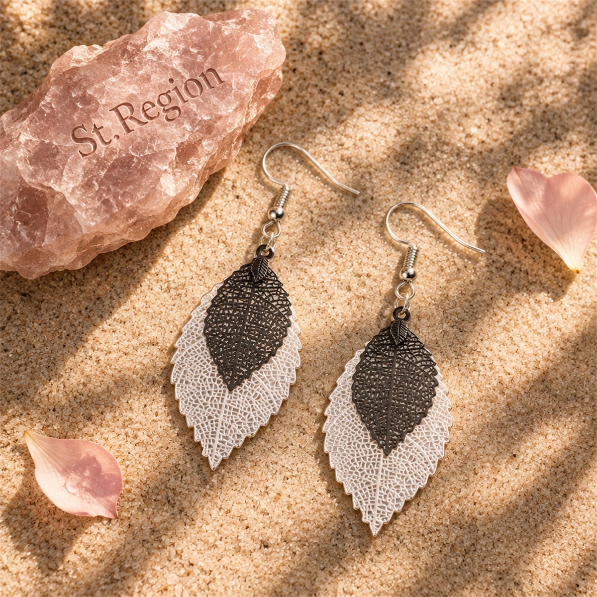 Two-Tone Openwork Leaf Drop Earrings, drop earrings for women, dainty minimalist design, detail close-up
