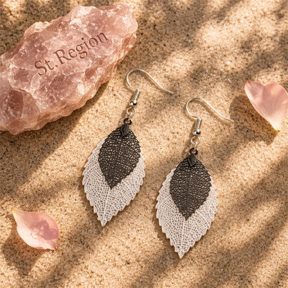 Two-Tone Openwork Leaf Drop Earrings, drop earrings for women, dainty minimalist design, detail close-up