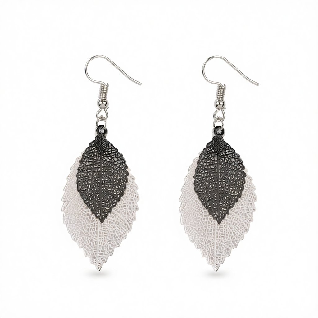 Two-Tone Openwork Leaf Drop Earrings, drop earrings for women, dainty minimalist design, side view