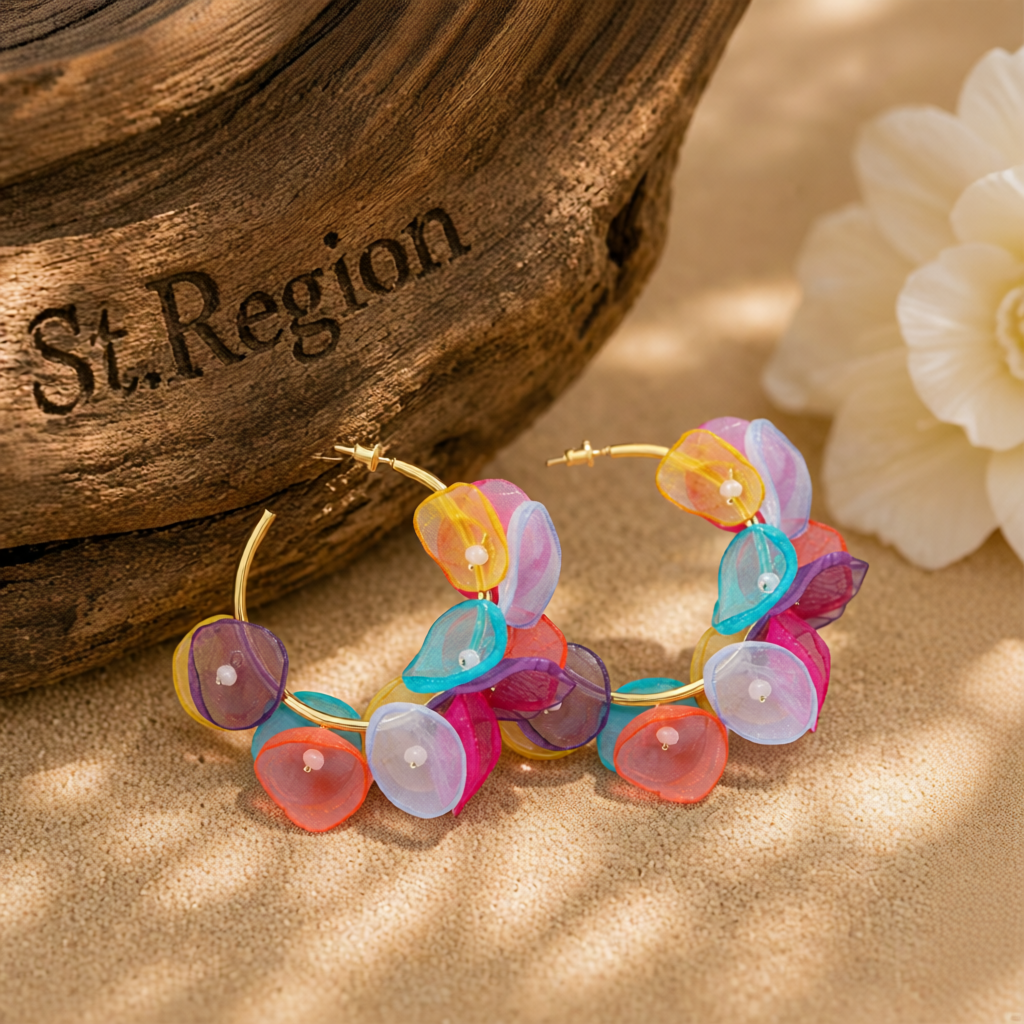 Multicolor Polyster & Acryic 18K Gold-Plated Pastel Petal Hoop Earrings