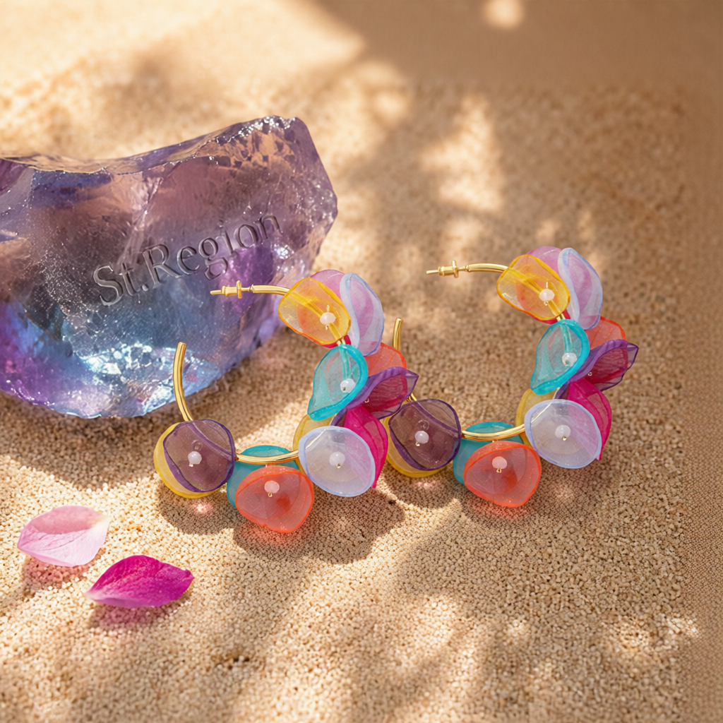 Multicolor Polyster & Acryic 18K Gold-Plated Pastel Petal Hoop Earrings