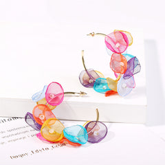 Multicolor flower-shaped earrings crafted from polyester and acrylic, featuring elegant 18K gold-plated hoop design.