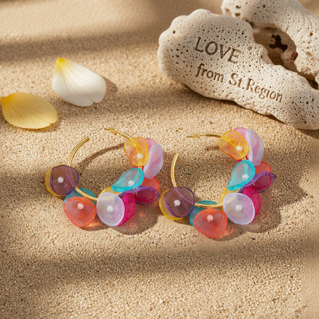 Multicolor Polyster & Acryic 18K Gold-Plated Pastel Petal Hoop Earrings
