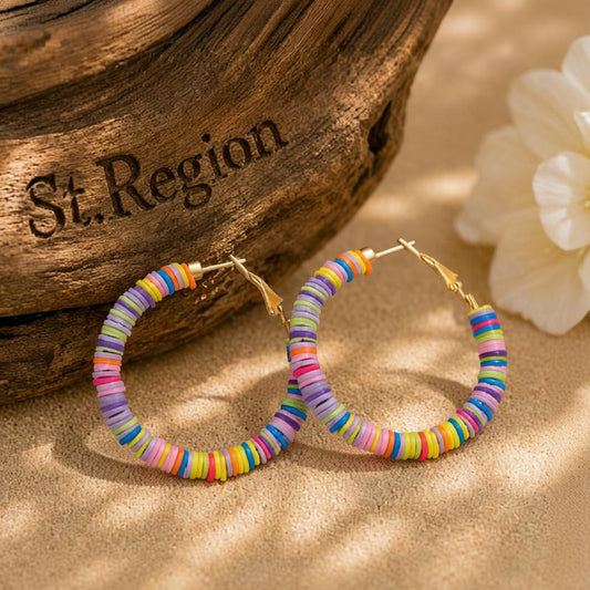 Pink Multicolor Polymer Clay and 18K Gold-Plated Beaded Hoop Earrings, gold hoop earrings for women, front view