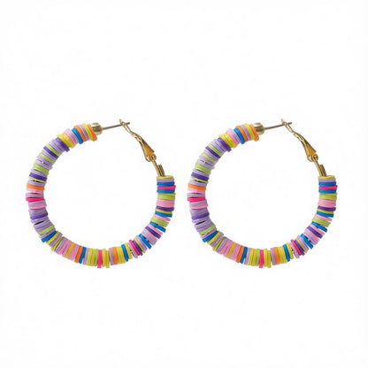Pink Multicolor Polymer Clay and 18K Gold-Plated Beaded Hoop Earrings, gold hoop earrings for women, side view