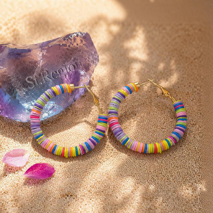 Pink Multicolor Polymer Clay and 18K Gold-Plated Beaded Hoop Earrings, gold hoop earrings for women, detail close-up