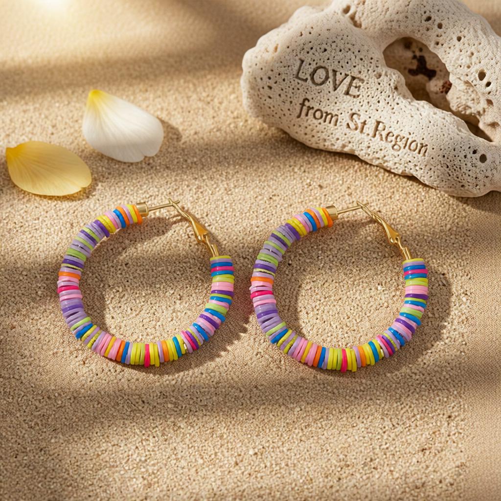 Pink Multicolor Polymer Clay and 18K Gold-Plated Beaded Hoop Earrings, gold hoop earrings for women, lifestyle look