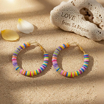 Pink Multicolor Polymer Clay and 18K Gold-Plated Beaded Hoop Earrings, gold hoop earrings for women, lifestyle look